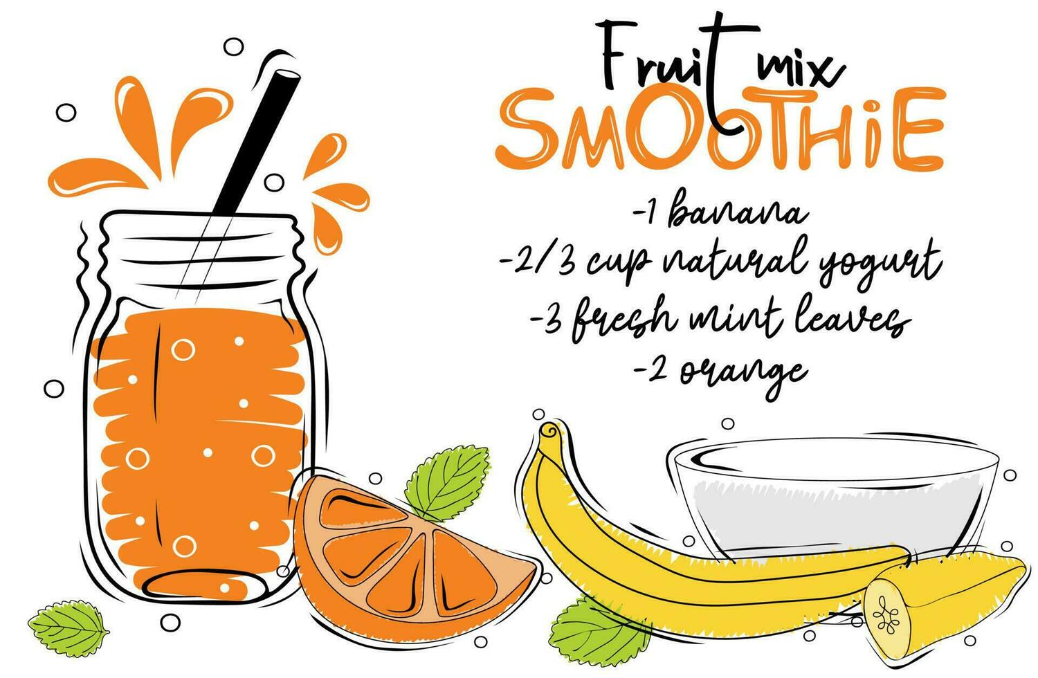 Fruit mix smoothie recipe with illustration of ingredients. Healthy food poster vector