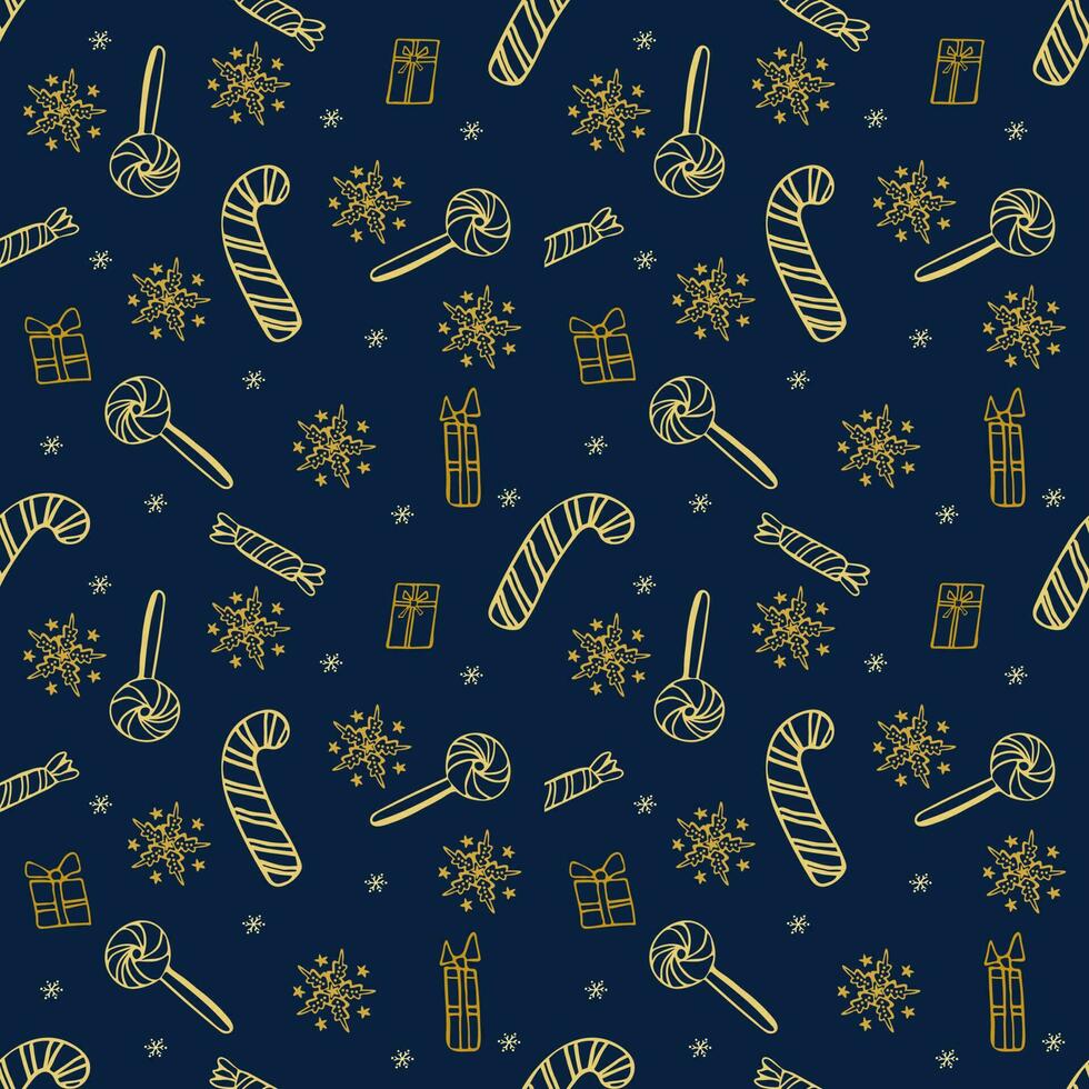 Christmas seamless pattern with christmas candy cones, gift boxes and snowflakes vector