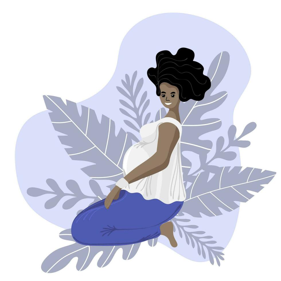 African american pregnant woman doing yoga, having healthy lifestyle and relaxation, exercises for pregnant woman. Happy and healthy pregnancy concept. vector