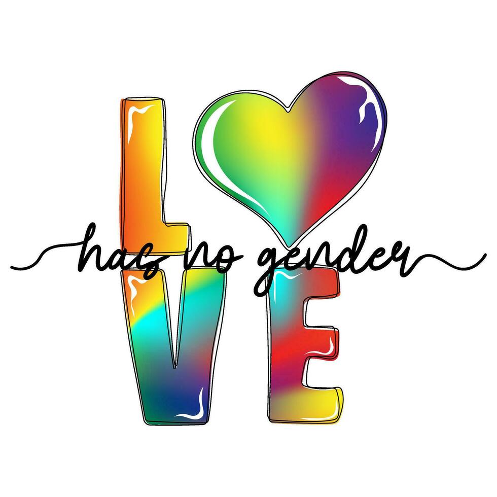 Love has no gender. Handwritten rainbow text with heart. Modern print for t shirt, poster, banner, card. LGBT rights, pride month vector