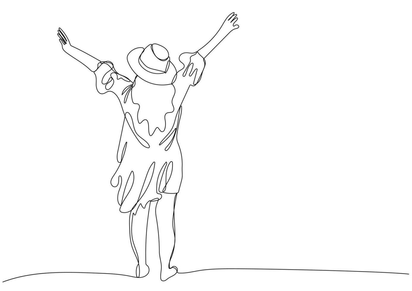 Happy woman in hat standing and stretching two hands towards sky vector