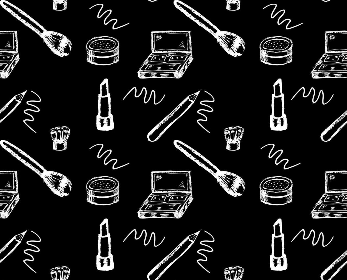 Black and white cosmetics and makeup seamless pattern in line art style vector
