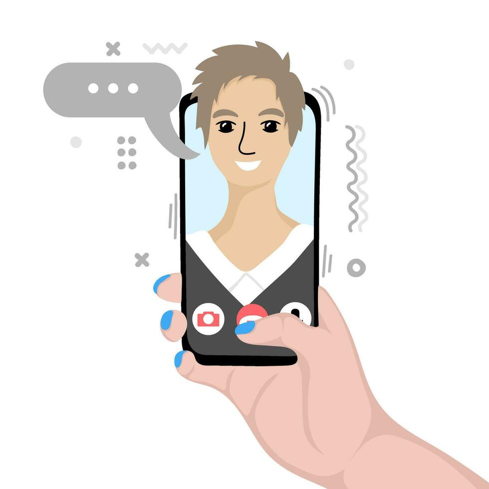 Female hand holding smartphone with boyfriend on screen. Video call and chat concept vector