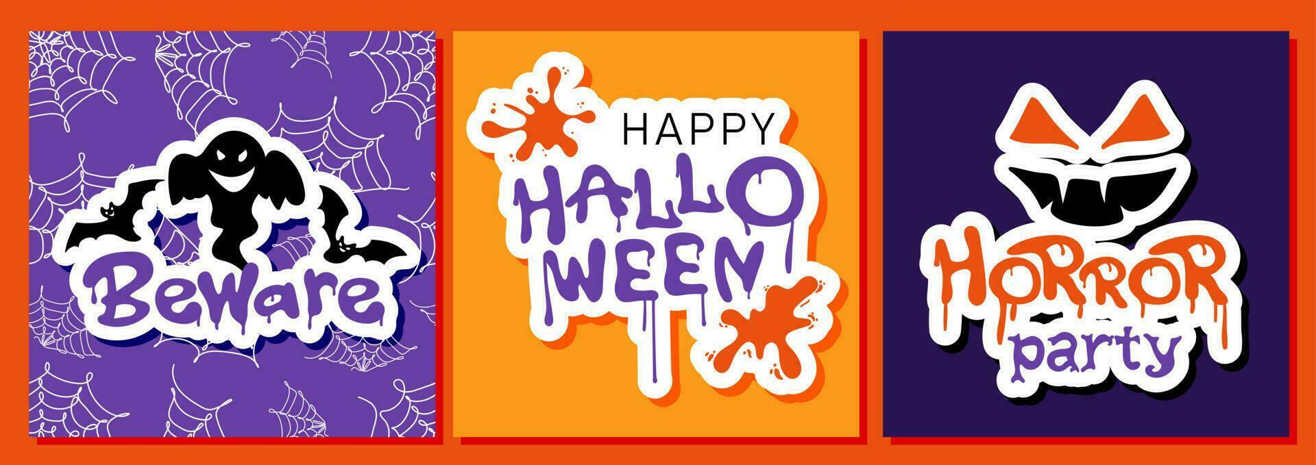 Set of halloween square posters or greeting cards with ghosts vector