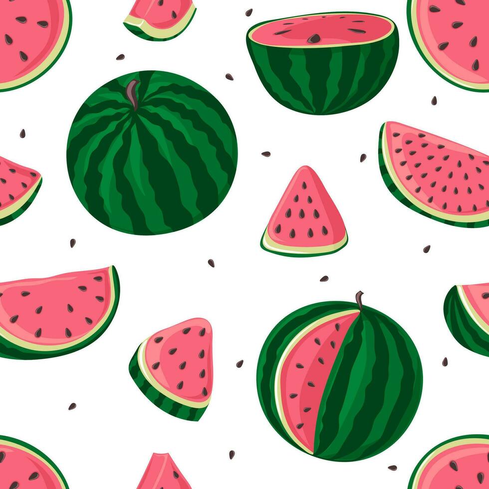 Seamless pattern with watermelons, whole, half and slices. vector