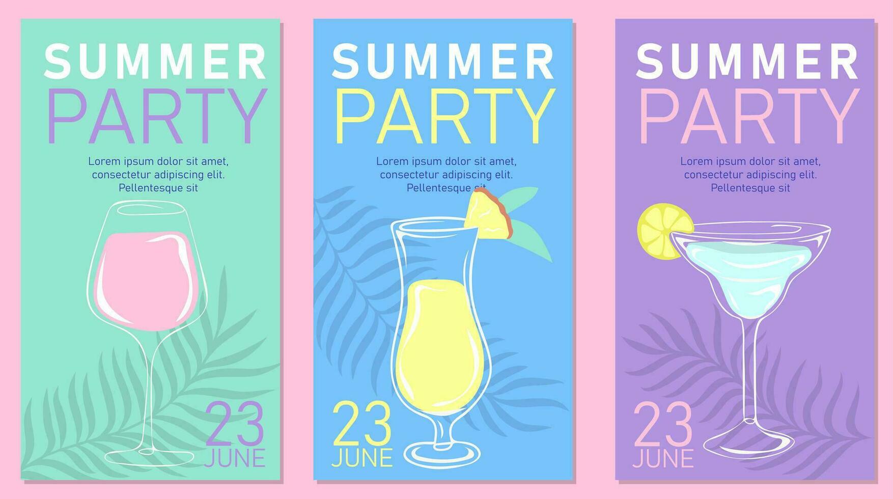 Modern summer party banners, posters or cards with tropical leaves  and summer cocktail.  Trendy templates in minimalist style vector