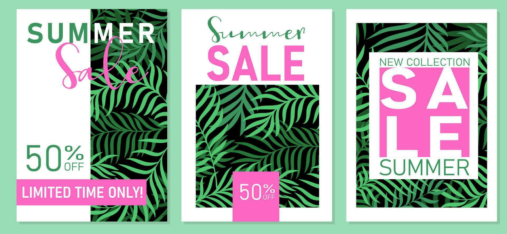 Modern vertical summer sale banners, posters or cards with tropical palm leaves in minimalist style. Season promotion vector