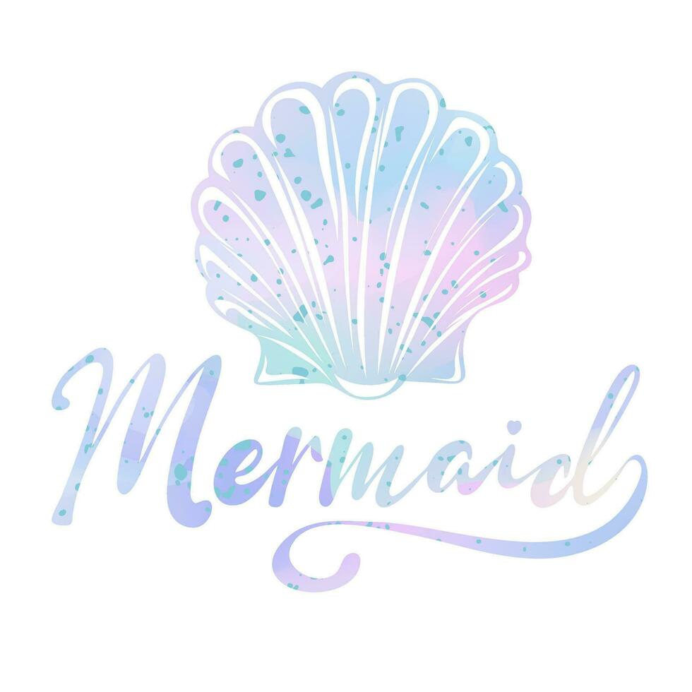 Mermaid lettering inscription with seashell in trendy holographic colors vector