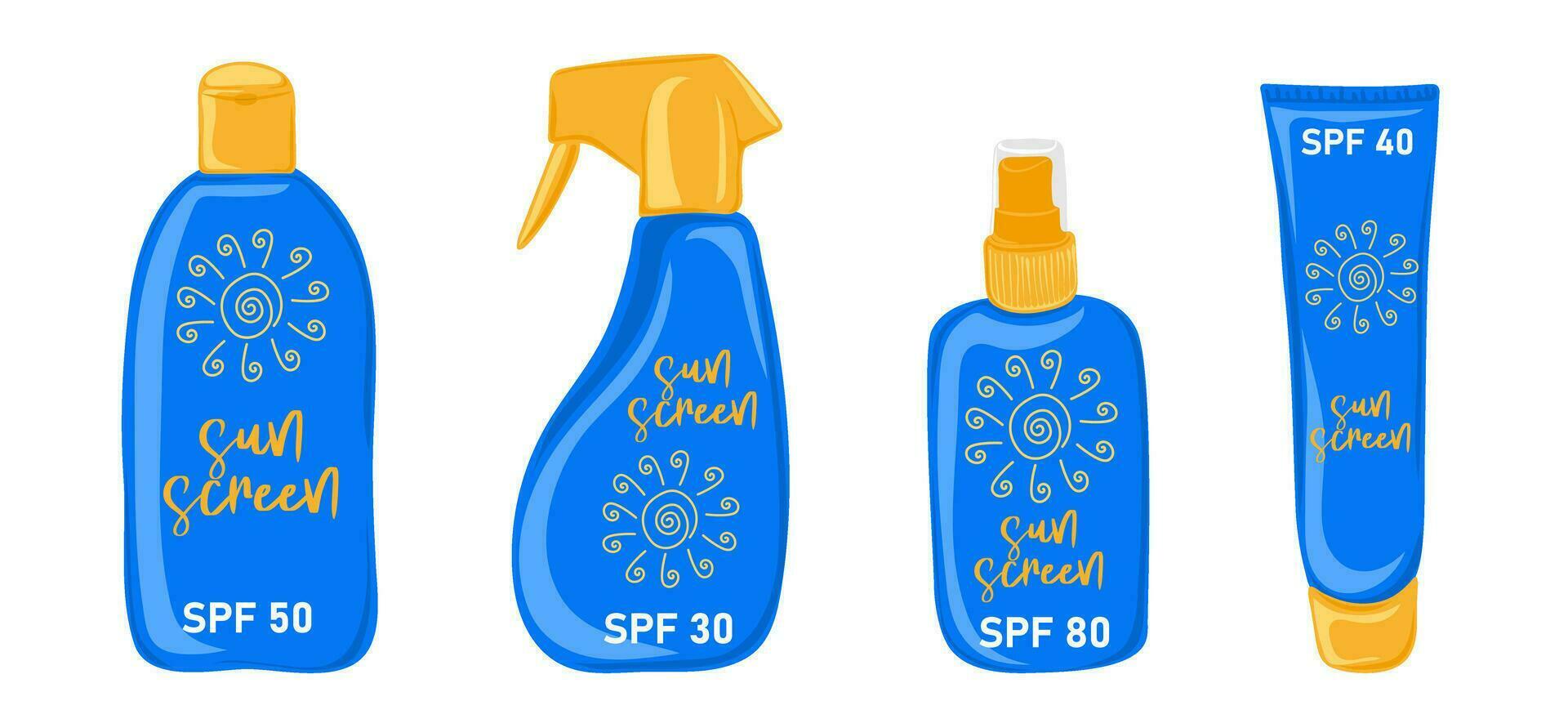 Sunscreen. Different sun protection cosmetics vector