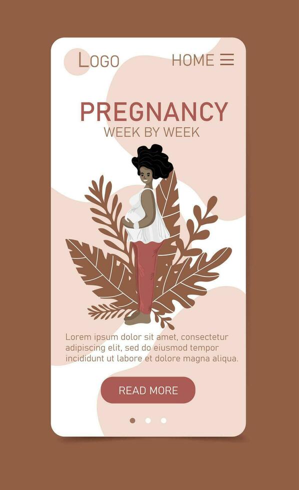 Pregnancy week by week vertical web app template. Woman character expecting baby glowing with anticipation and blissful excitement vector