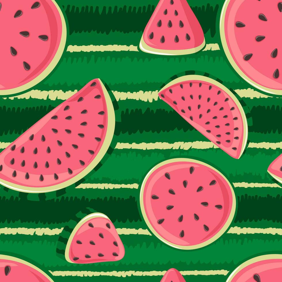 Seamless pattern with watermelon slices on striped background vector