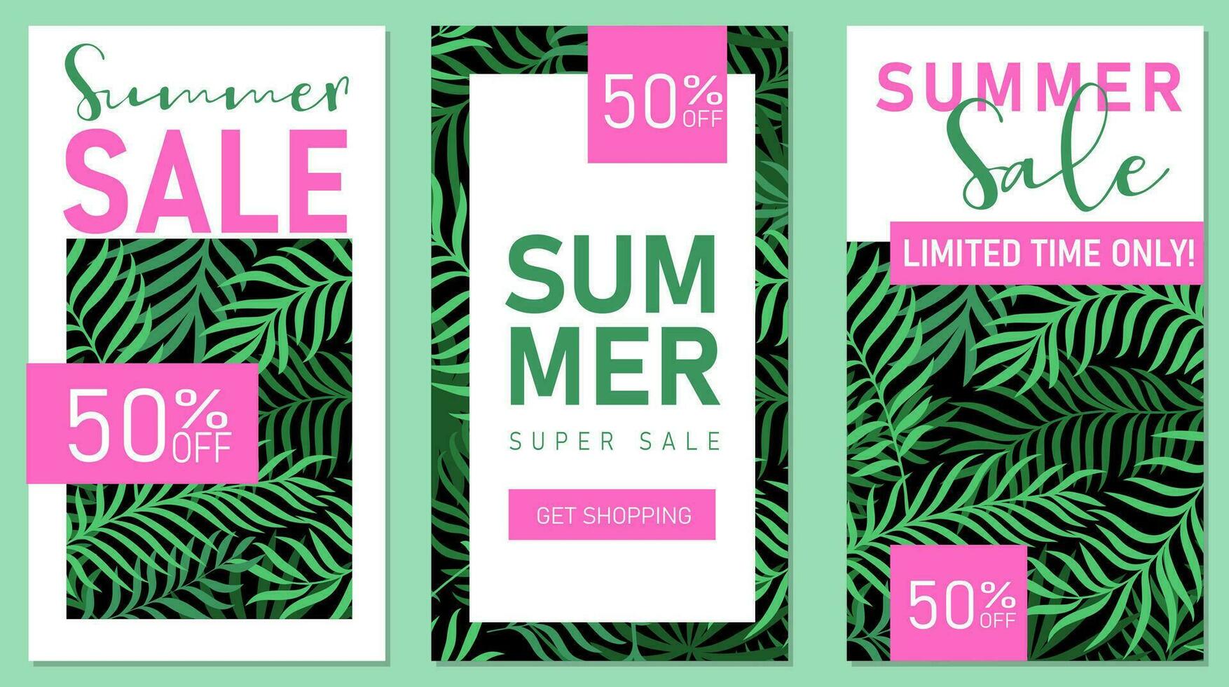 Modern vertical summer sale banners, posters or cards with tropical palm leaves in minimalist style. Season promotion. Social media post templates vector