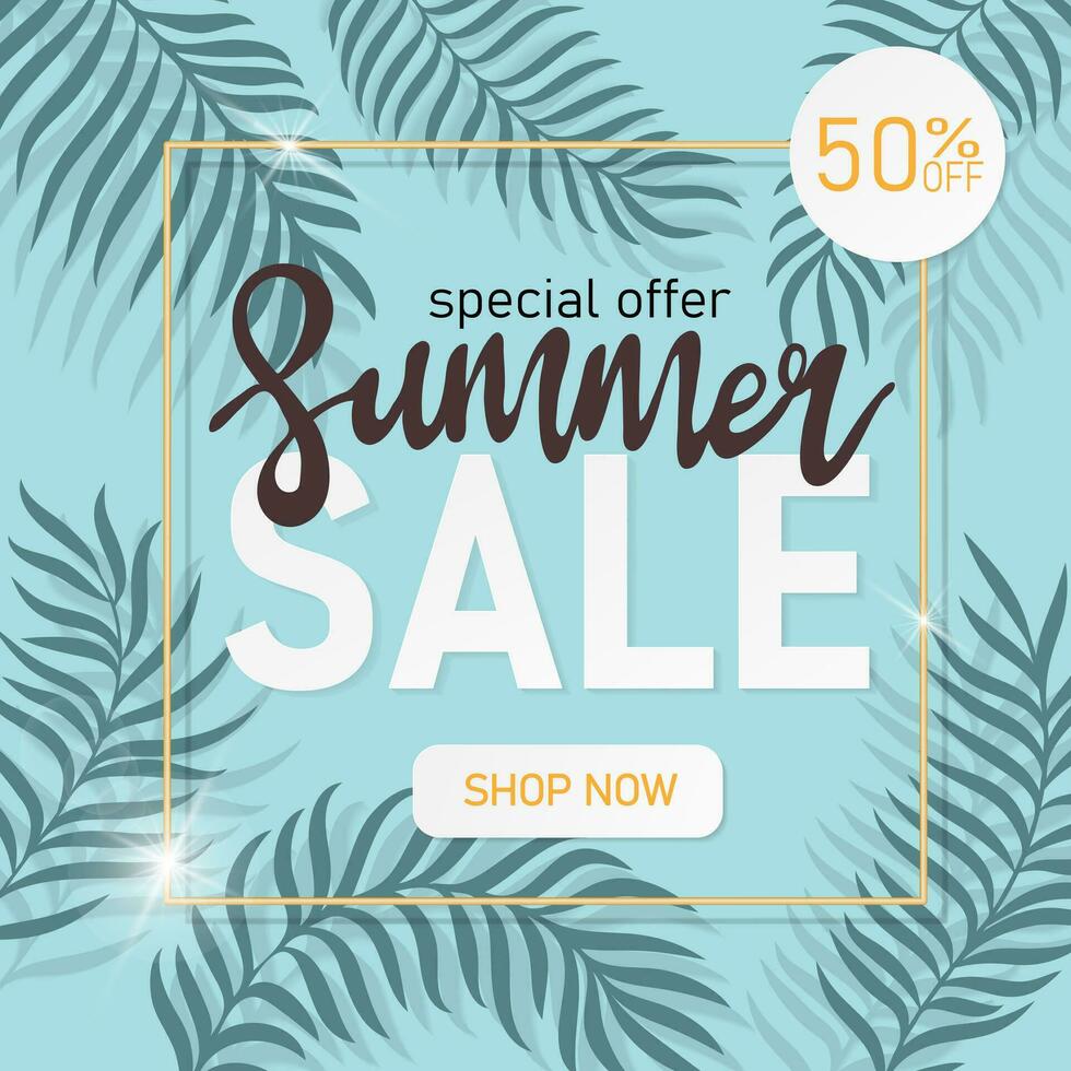 Trendy summer sale banner with tropical leaves. Season promotionof palm leaves. Summer exotic flora vector