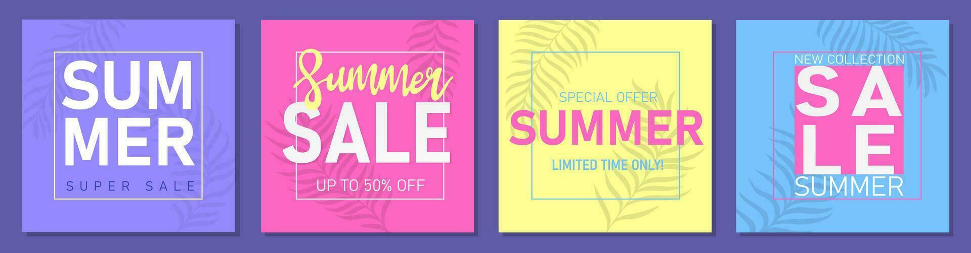 Modern summer sale banners, posters or cards with tropical leaves in minimalist style vector