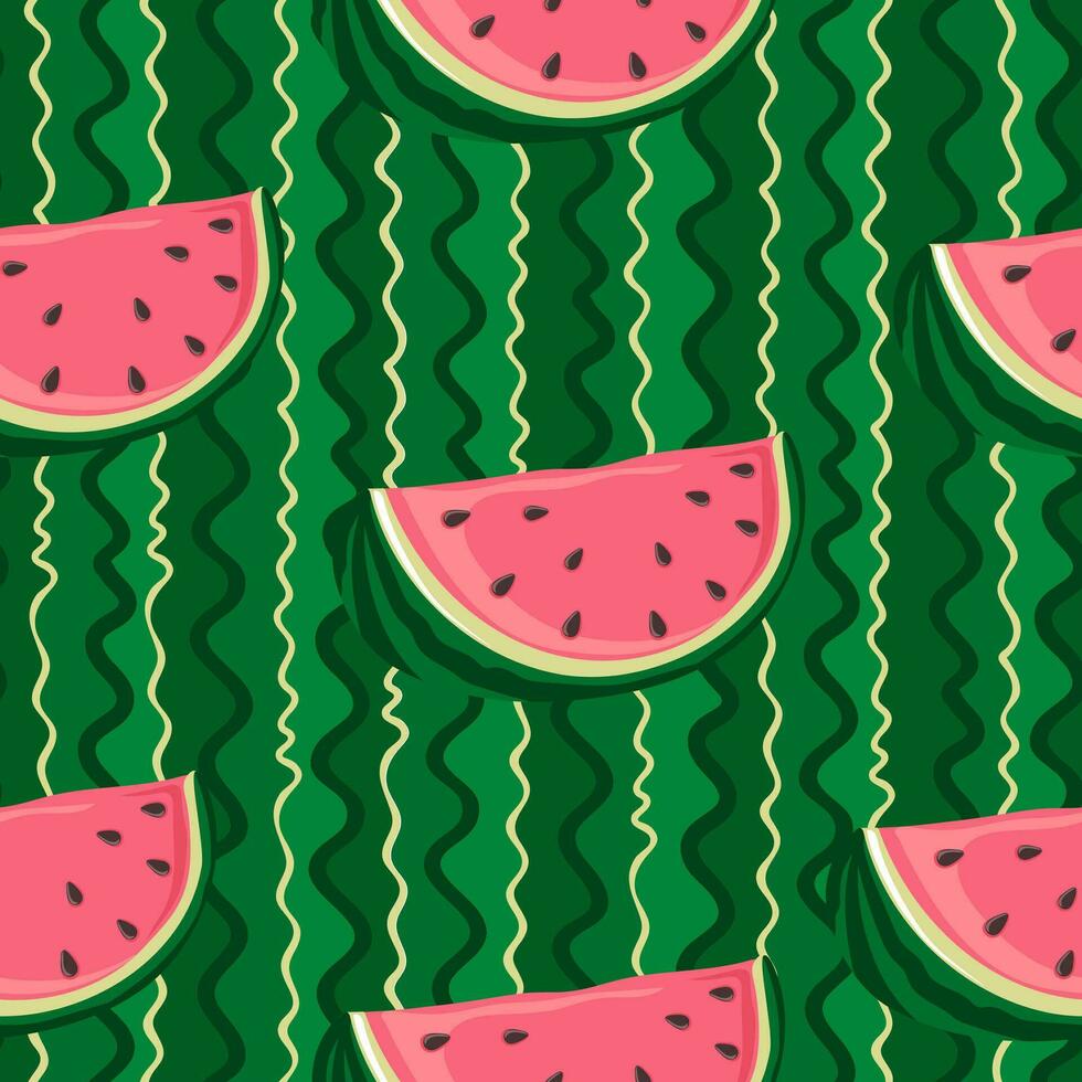 Seamless pattern with watermelon slices on waved striped background vector