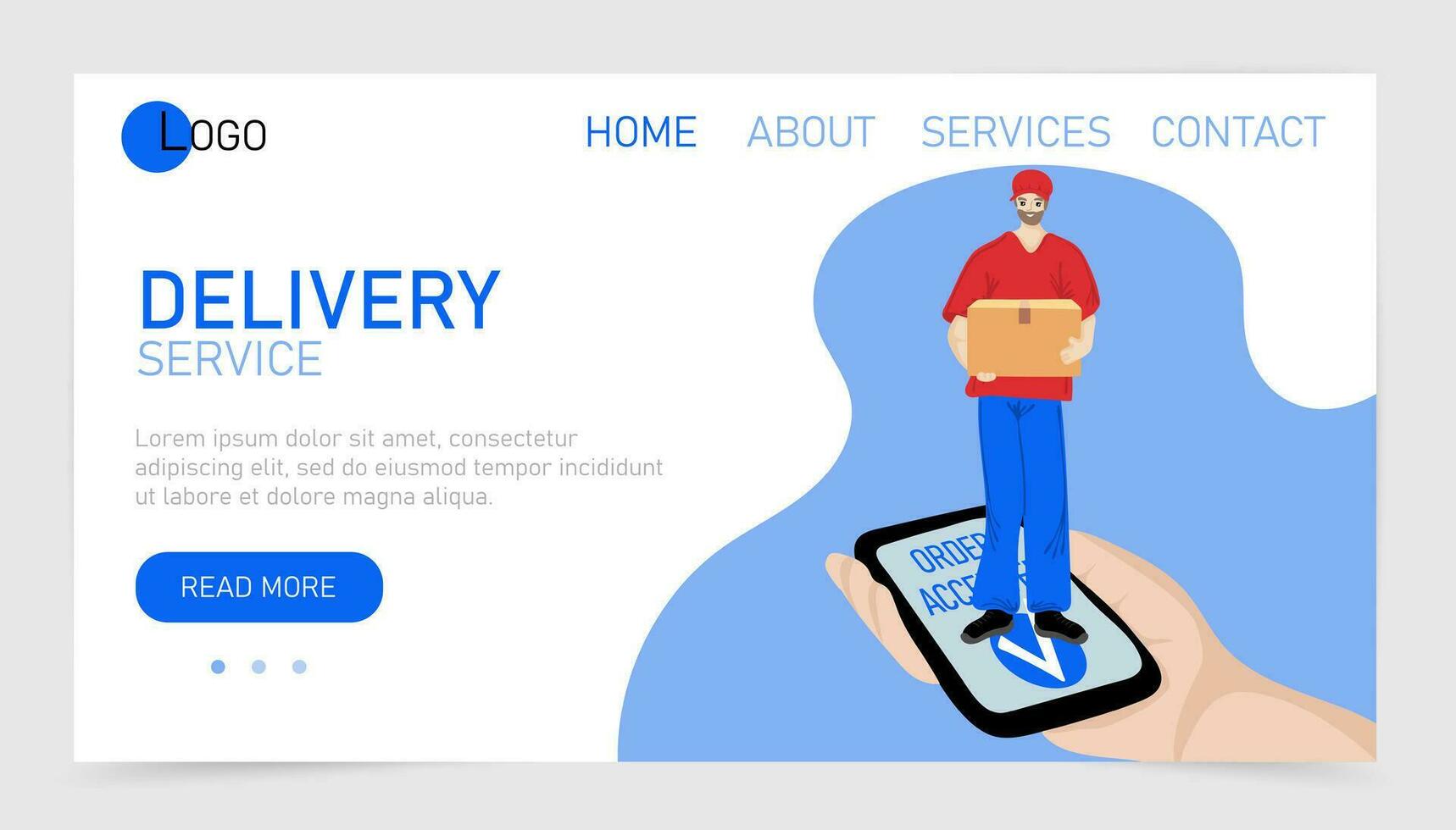 Delivery service landing page or website template. Delivery courier man holding Parcel Box with mobile phone vector