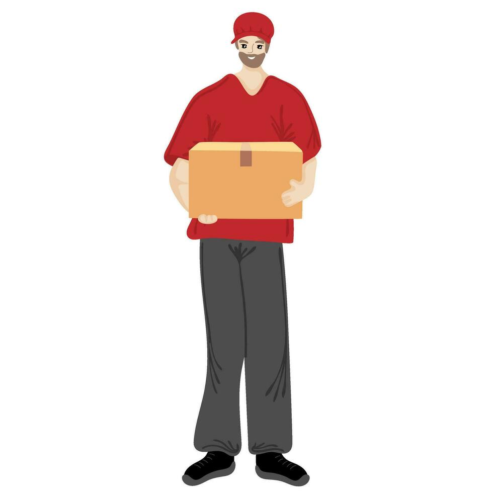 Smiling man in red uniform from courier delivery services holding parcel box vector