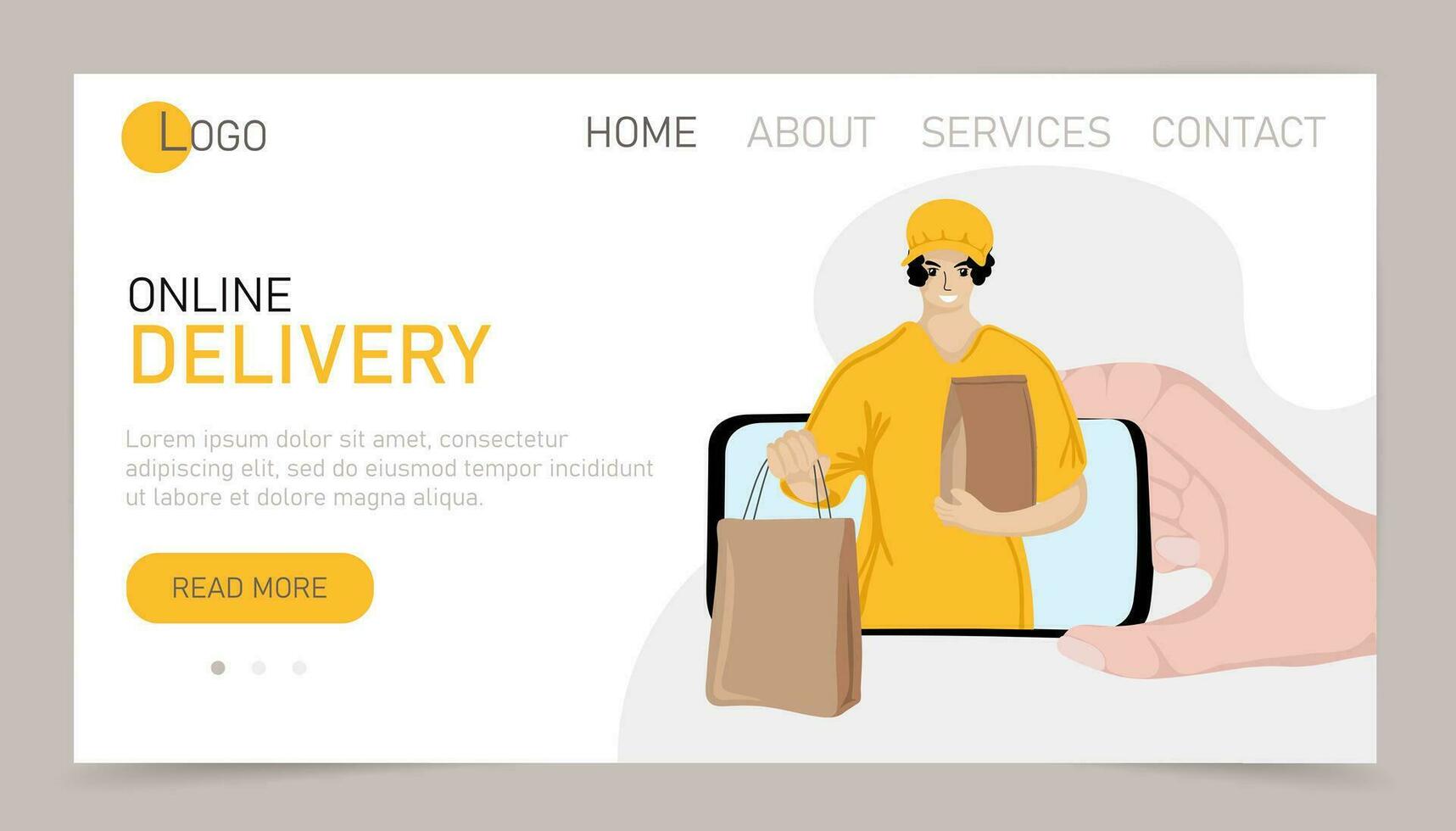 Online delivery landing page or website template. Delivery courier man holding paper bags from mobile phone vector