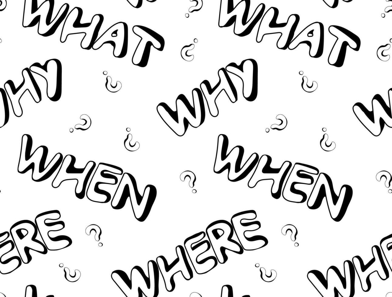 Seamless pattern of hand-drawn question words what, where, when and why and question marks vector