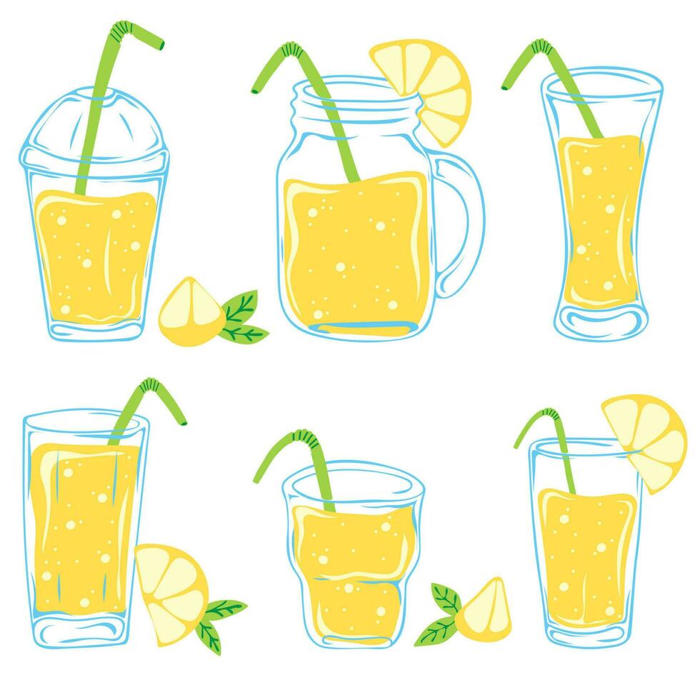 Glasses of lemonade with lemon slices. Set of summer drinks vector