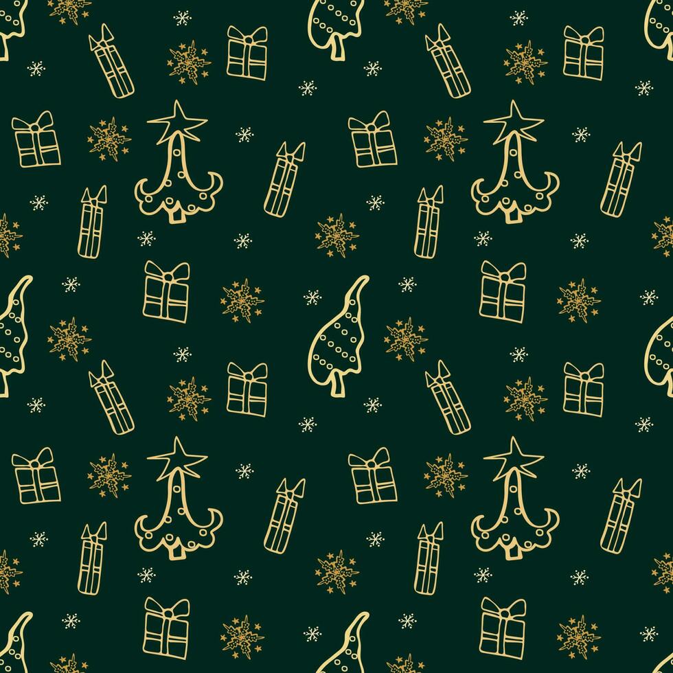 Christmas seamless pattern with christmas trees, gift boxes and snowflakes vector