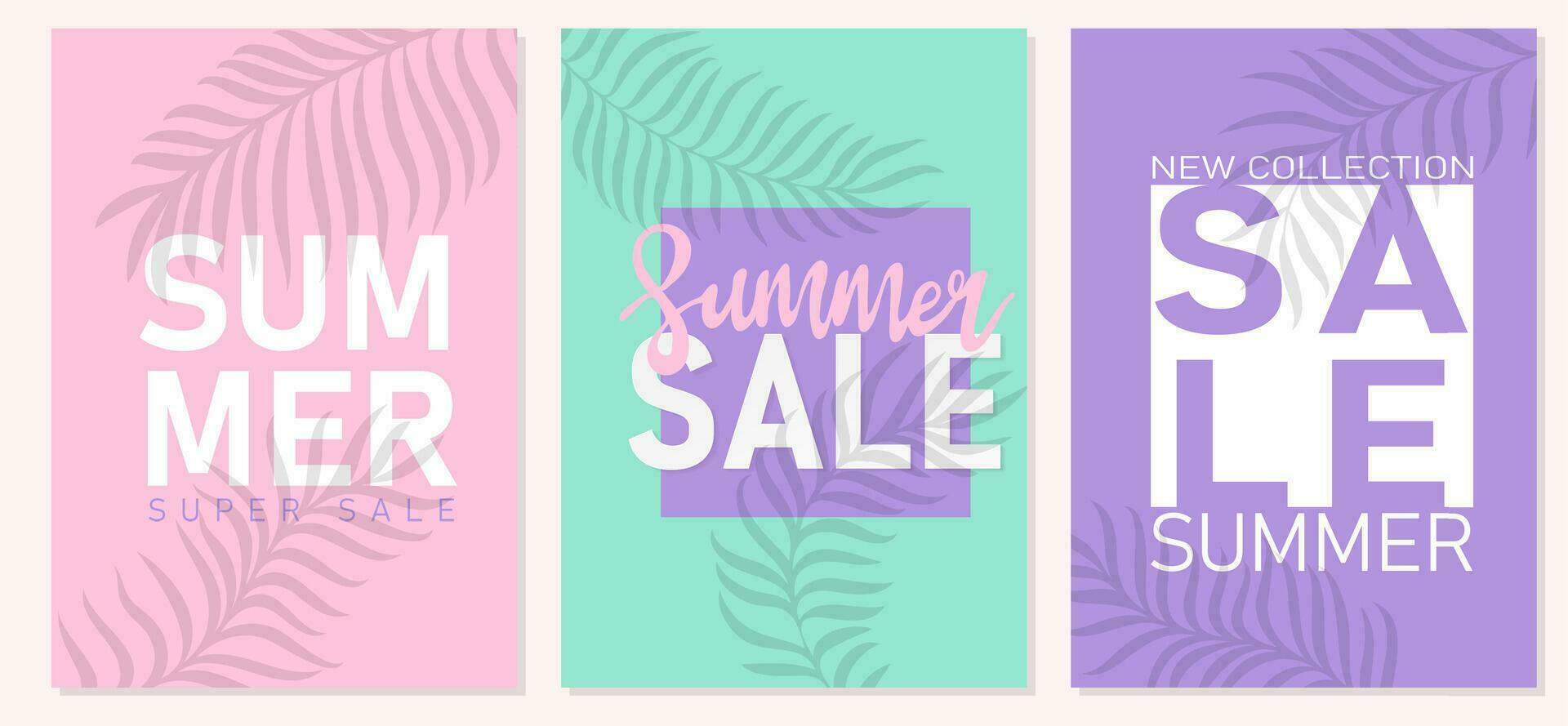 Modern summer sale banners, posters or cards with tropical leaves in minimalist style. Season promotion vector