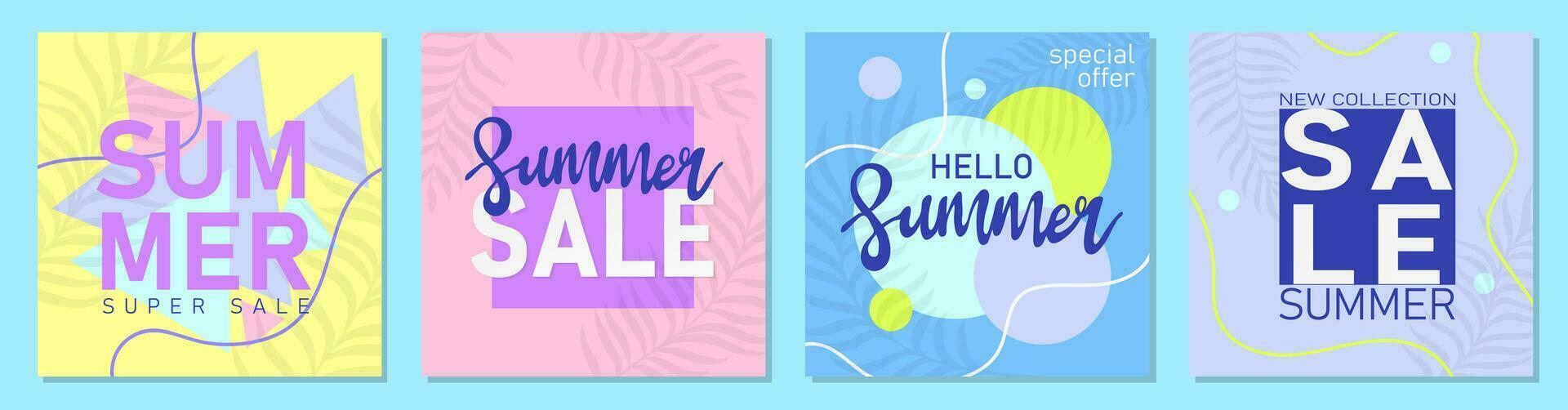 Modern summer sale banners, posters or cards with tropical leaves and abstract geometric shapes. Season promotion vector