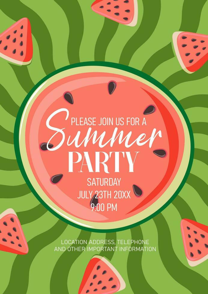 Watermelon summer party invitation. Slice of watermelon on striped green background. Perfect for beach party, pool party and bbq vector