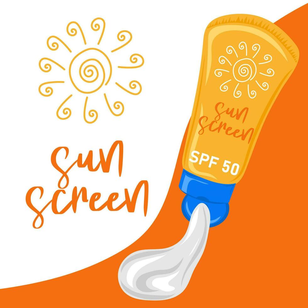 Open sunscreen tube with cream. Sun protection cosmetics vector