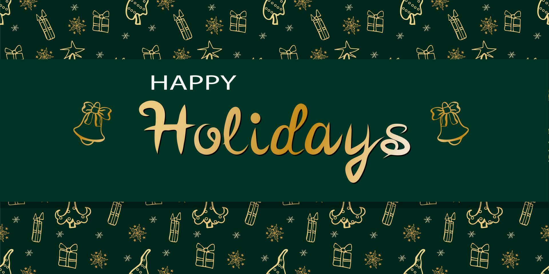 Christmas holidays luxury banner with christmas bells, trees, gift boxes and snowflakes vector