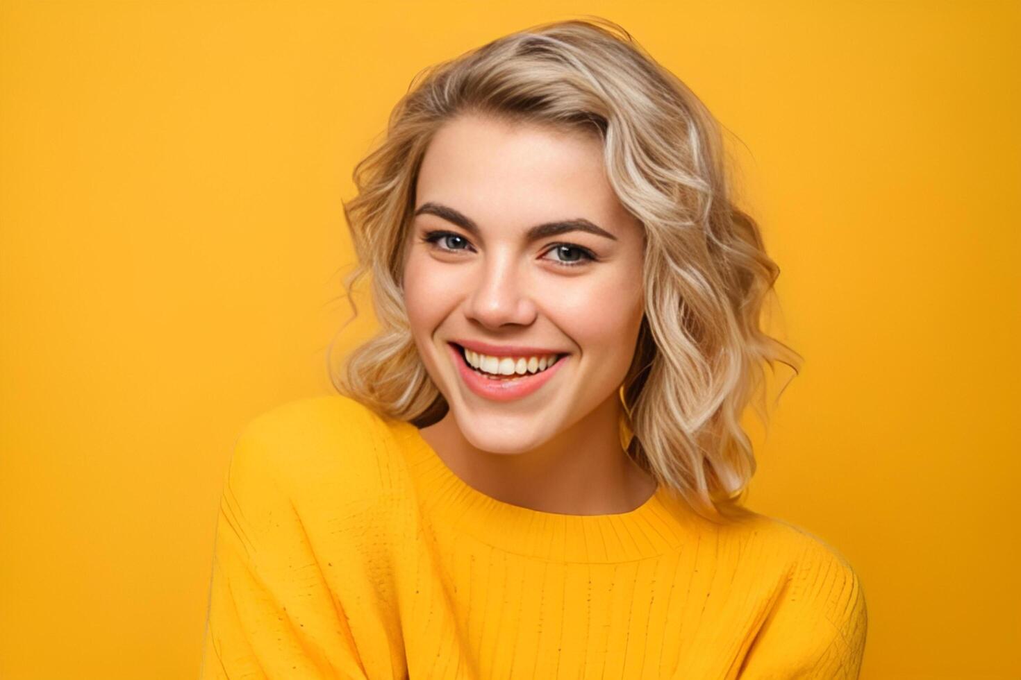 A woman with blonde hair and a yellow sweater smiles photo