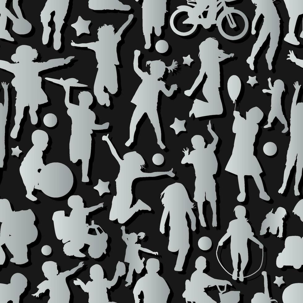 Seamless Little children jumping and playing isolated on black background. vector illustration