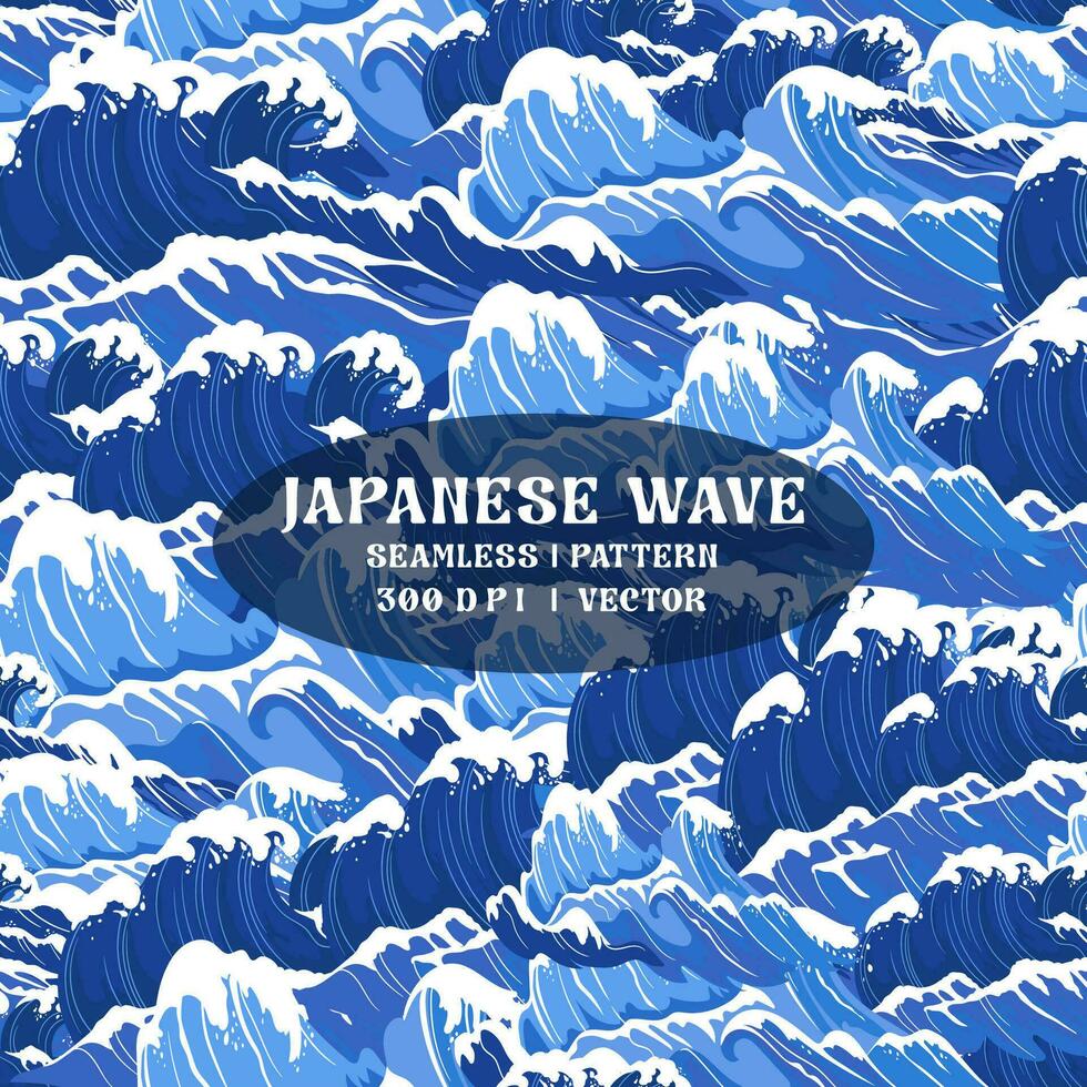 seamless ocean waves pattern. Japanese Sea wave blue background, wind storm surf water hand drawn vector illustration