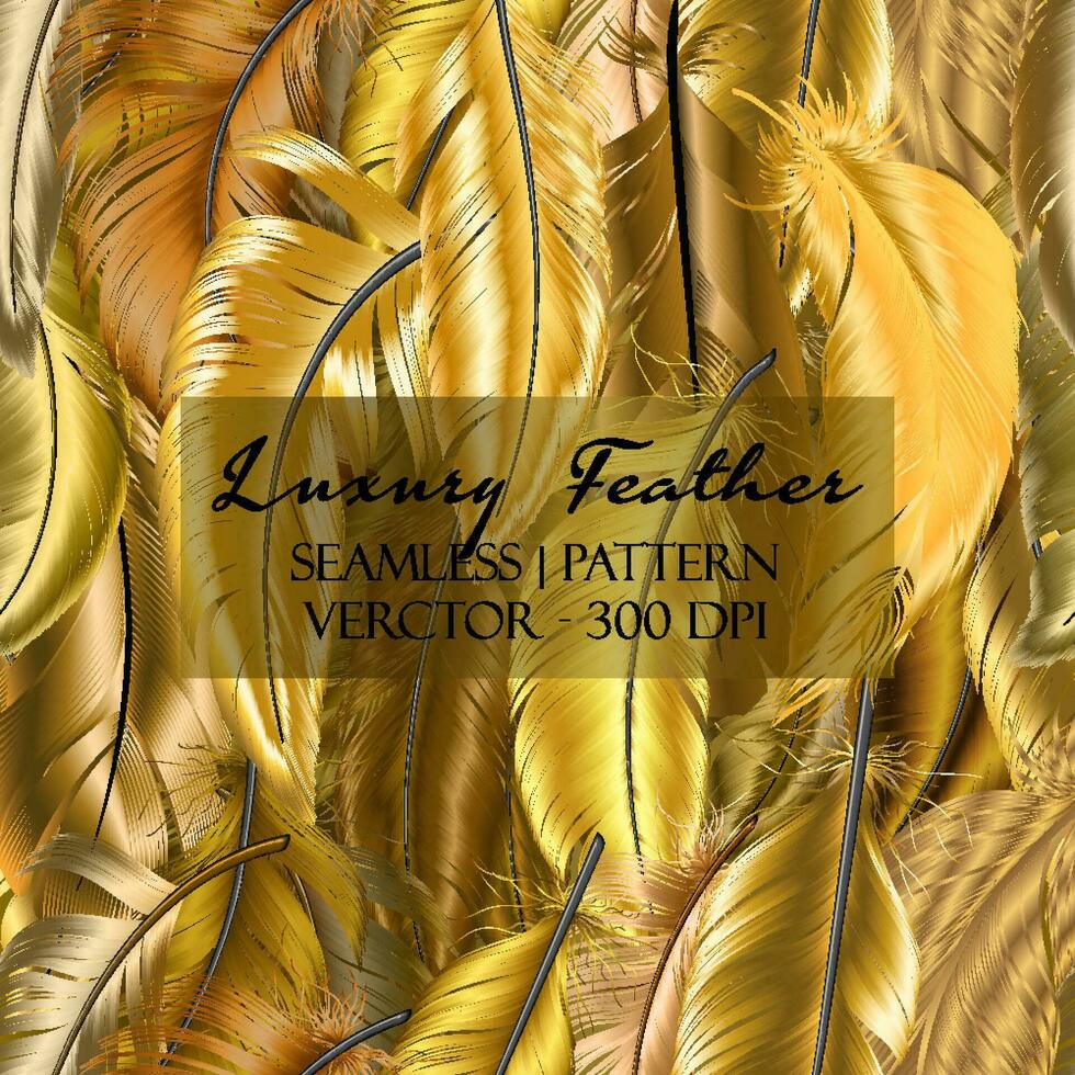 Seamless Realistic 3d fantasy bird fluffy golden feathers. Decorative gold glamour chic plume. Flying, falling and twirling soft feather vector set. Illustration of feather realistic, fluffy plumage