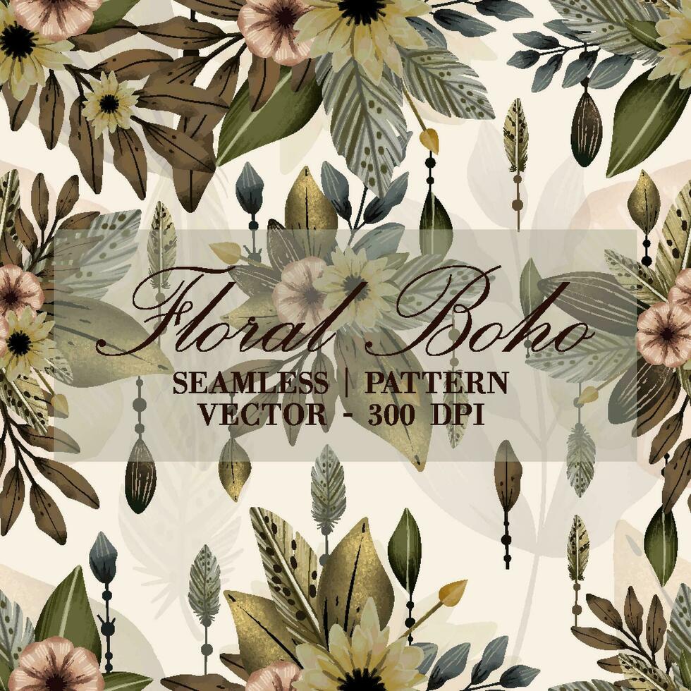 Seamless Vintage aesthetic boho floral pattern with flower and leafs vector