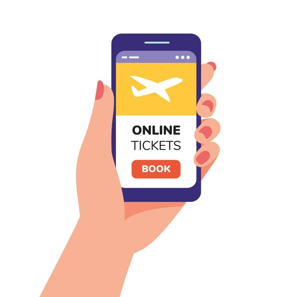 Online tickets booking.Female hand holds Smartphone with Online tickets app. Online booking app for mobile phone concept. vector