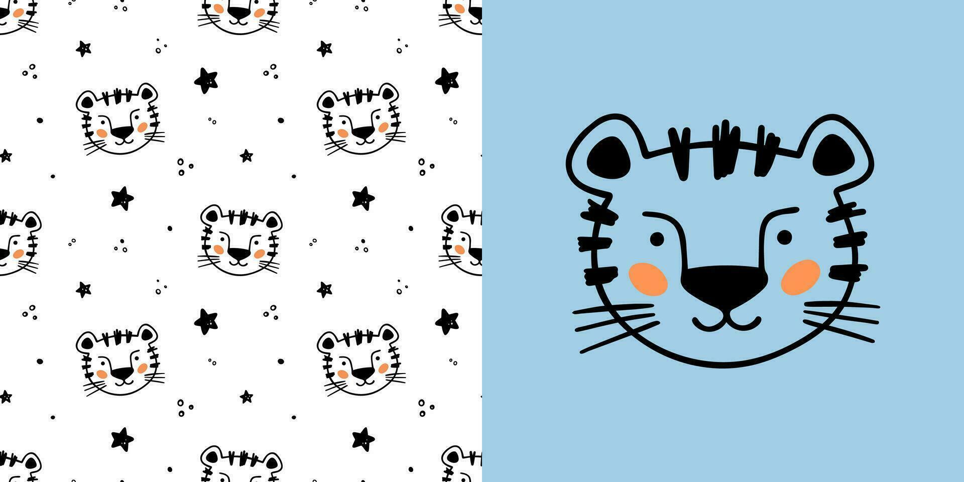 Hand drawn set for designing baby clothes with tiger. Vector illustration in doodle style on light blue background. Postcard with tiger and seamless pattern. Cartoon Bohemian nursery print.