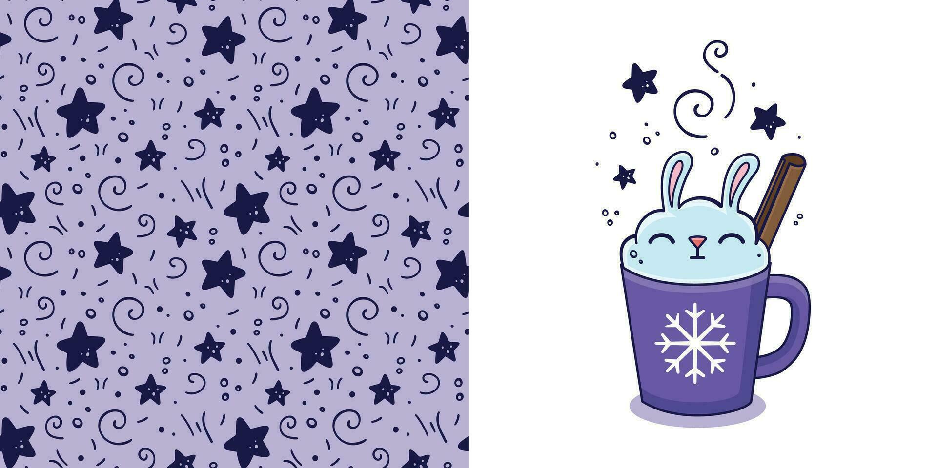 Hand drawn Christmas drink with marshmallow rabbit, cinnamon in doodle style for designing baby clothes. Postcard with winter hot beverage and seamless pattern. Vector illustration.