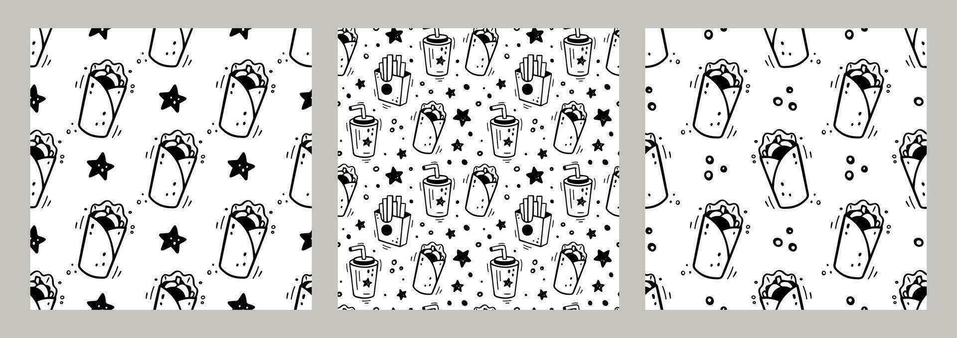 Hand drawn fast food combo with donner kebab. Set of fast food seamless patterns. Comic doodle style. Vector Fast food illustration. Sketch of donner kebab, paper cup of beverage, french fries box.