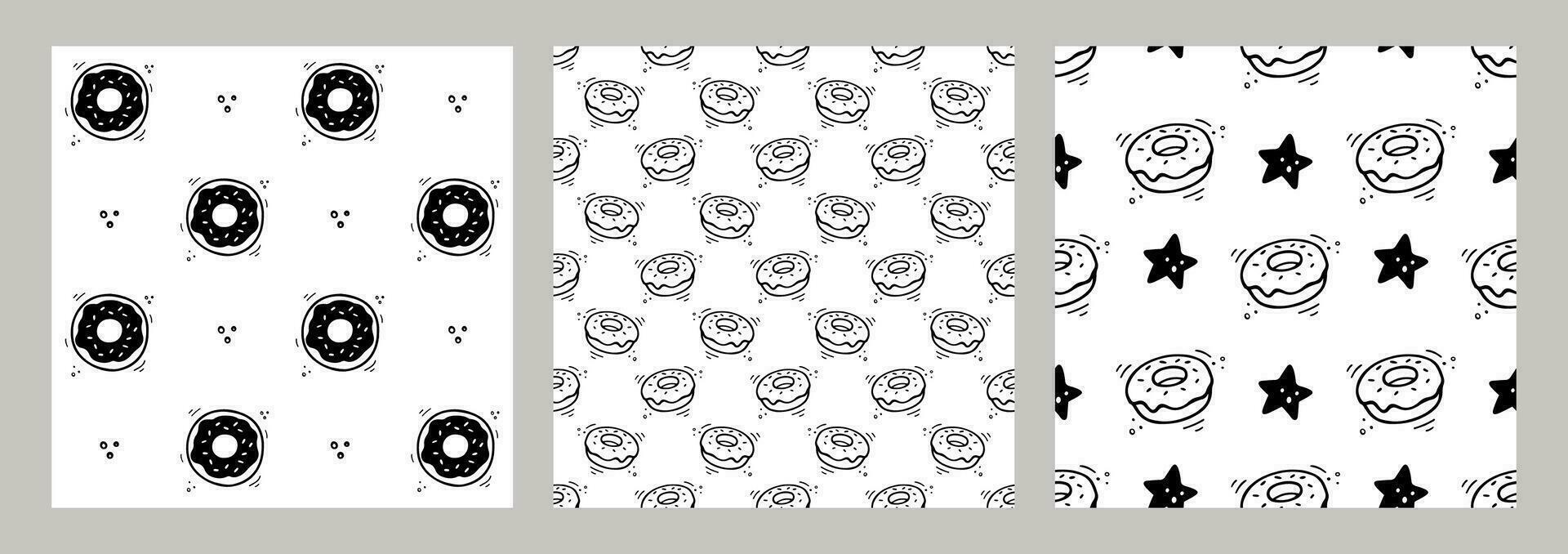 Hand drawn Donut pattern. Set of fast food seamless patterns. Comic doodle style. Vector Fast food illustration. Sketch of doughnut.