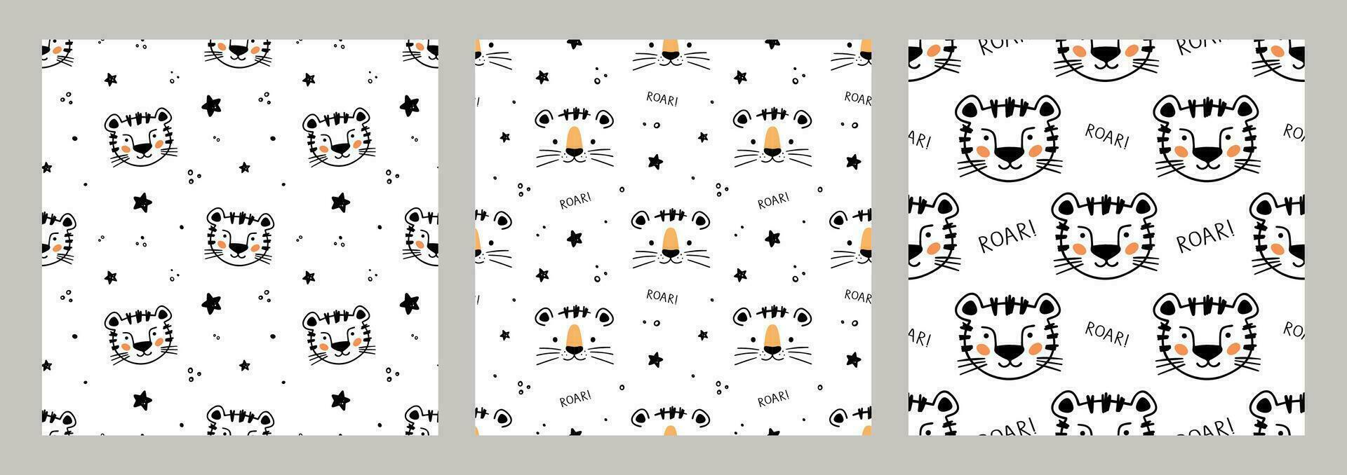 Hand drawn Little Tiger in doodle style for designing baby clothes. Set of kids seamless patterns with Tiger. Cartoon Bohemian nursery print. Kids design texture. Vector illustration.