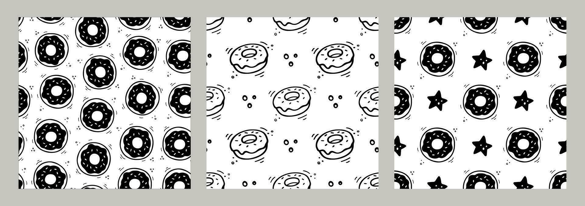 Hand drawn Donut pattern. Set of fast food seamless patterns. Comic doodle style. Vector Fast food illustration. Sketch of doughnut.