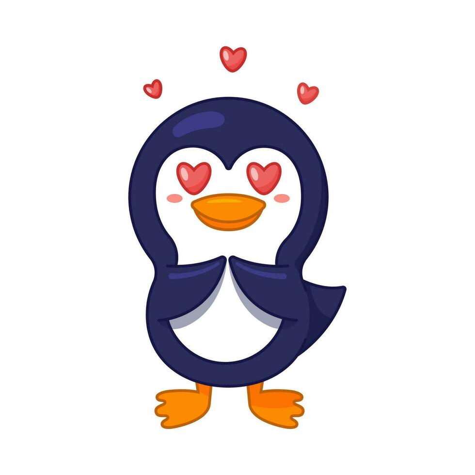 linda pingüino personaje es en amar, rodeado por corazones volador alrededor el cabeza. pinguin con corazón ojos. dibujos animados estilo. vector ilustración aislado en blanco. plano diseño, garabatear estilo. amor concepto.