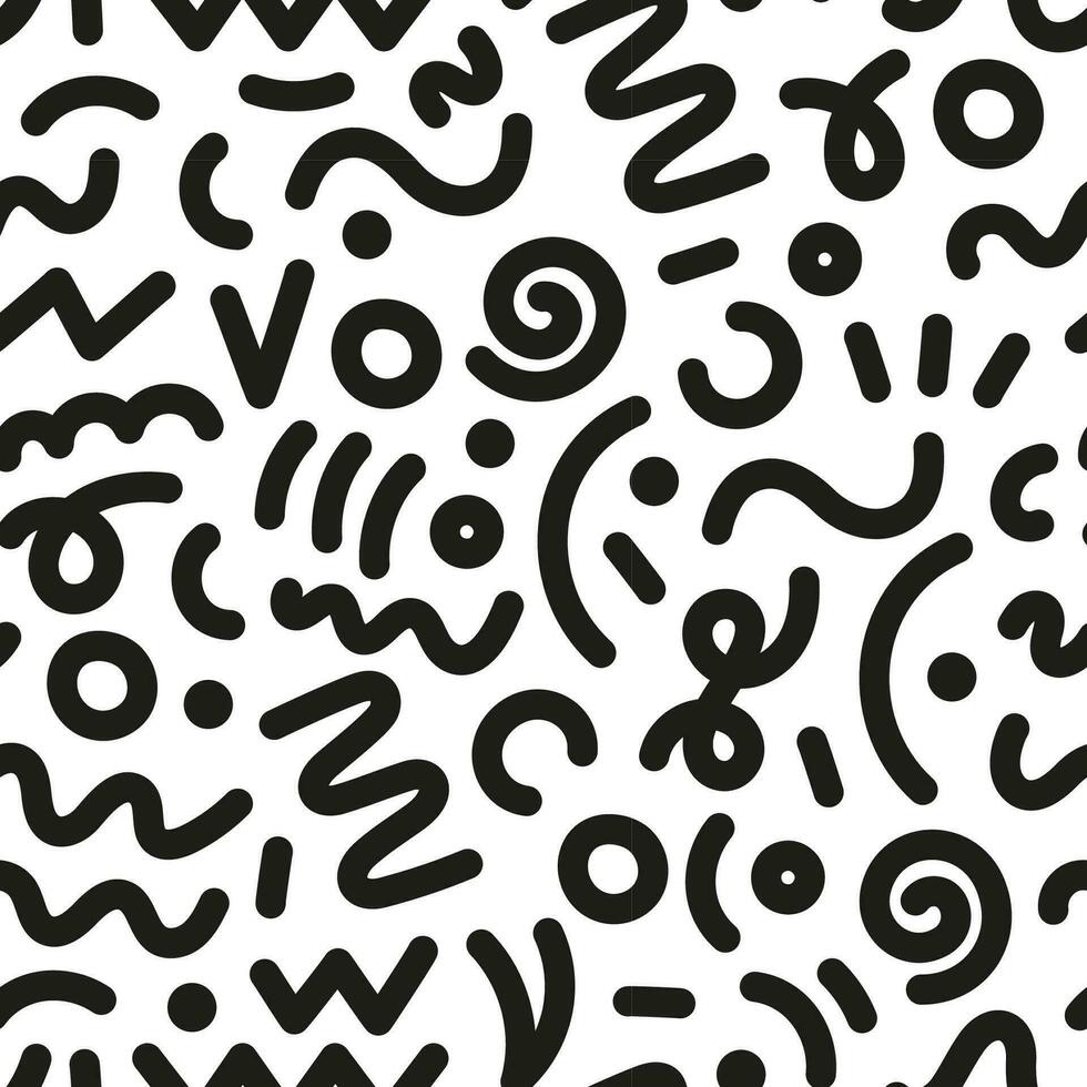 90s seamless pattern squiggle. Abstract geometric shapes seamless pattern. Vector Hand drawn various shapes and doodle objects. Abstract contemporary modern style. Trendy colorfull illustration.