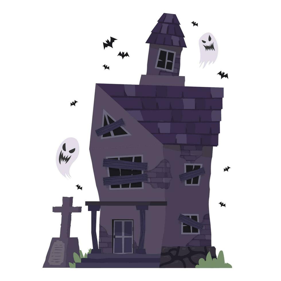 Creepy Haunted House or castle mansion Abandoned home with ghost and bat for halloween concept illustration vector