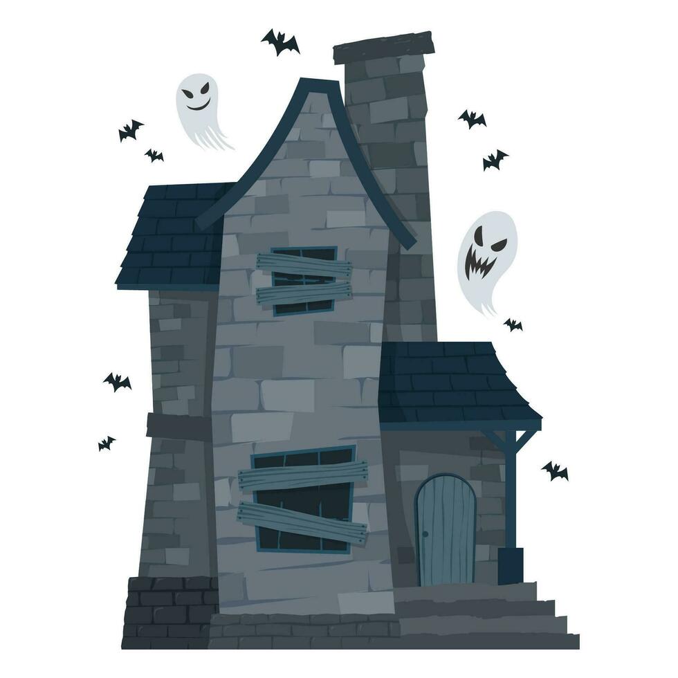 Creepy Haunted House or castle mansion Abandoned home with ghost and bat for halloween concept illustration vector