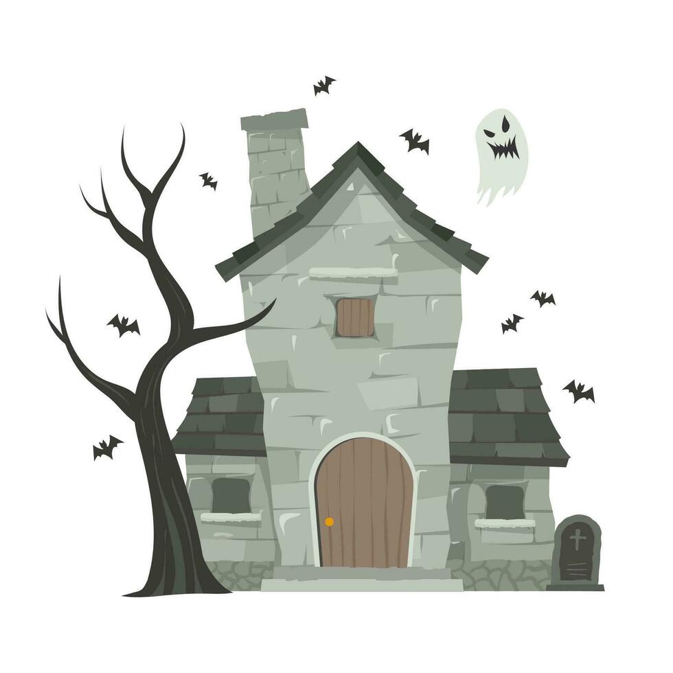 Creepy Haunted House or castle mansion Abandoned home with ghost and bat for halloween concept illustration vector