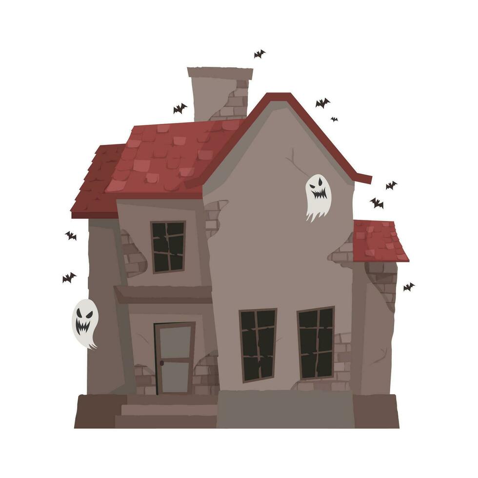 Creepy Haunted House or castle mansion Abandoned home with ghost and bat for halloween concept illustration vector