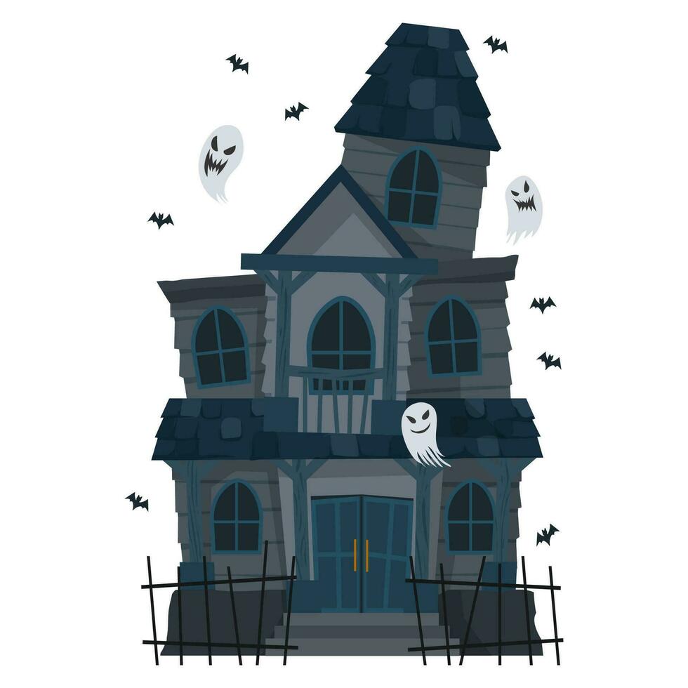 Siniestro obsesionado casa o castillo mansión abandonado hogar con fantasma y murciélago para Víspera de Todos los Santos concepto ilustración vector