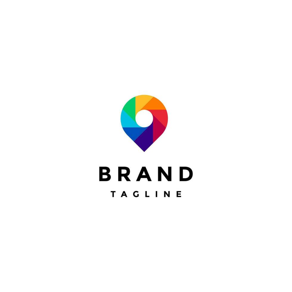 Pin Icon with Colorful Shutter Motif Logo Design. Colorful Shutter Motif Rotating Inside Hot Spot Pin Icon Logo Design. vector